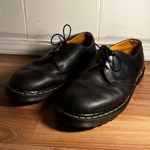 Dr. Martens Black Leather 3-Eye Derby Shoes with Yellow Stitching